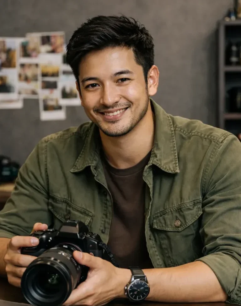 Een glimlachende fotograaf houdt een professionele camera vast aan een houten bureau, met foto's op de achtergrond en een laptop voor zich.