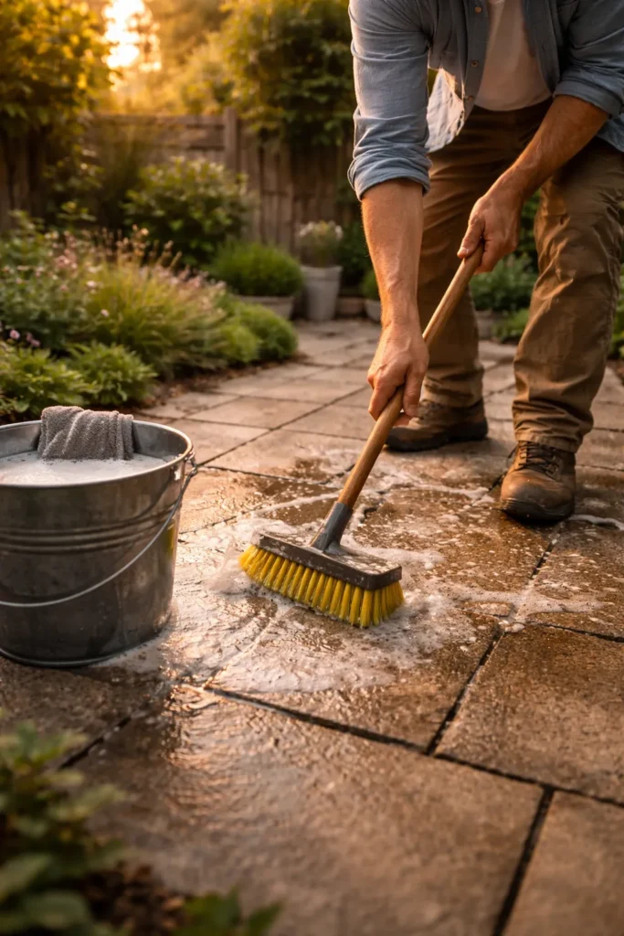 Tuin tegels schoonmaken