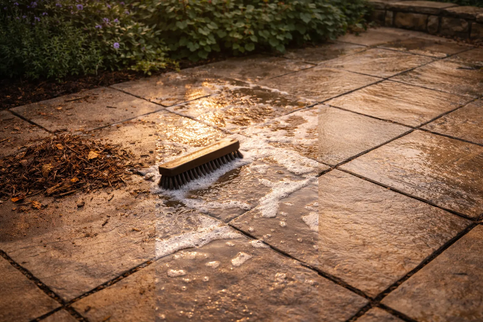 Tegels schoonmaken tuin