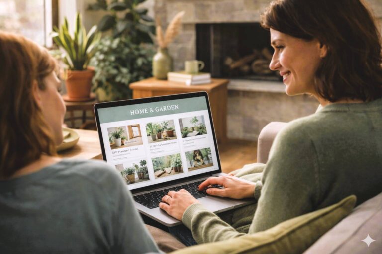 Een vrouw bezoekt een blog over huis en tuin