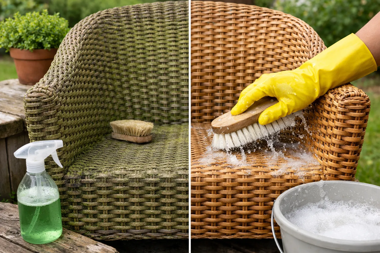 Wicker stoel reinigen met borstel en sop