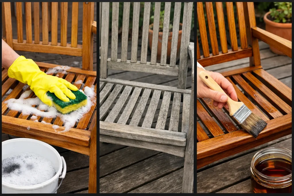 Drie stappen: teak reinigen, vergrijsd hout en olie aanbrengen.