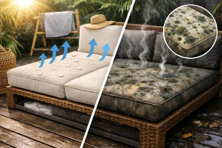 Daybed met kussens: droog en schoon versus vochtig met schimmel