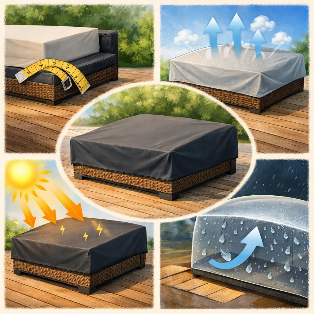 Illustratie van daybedhoes: maat meten, ademend, UV-bescherming en condens voorkomen