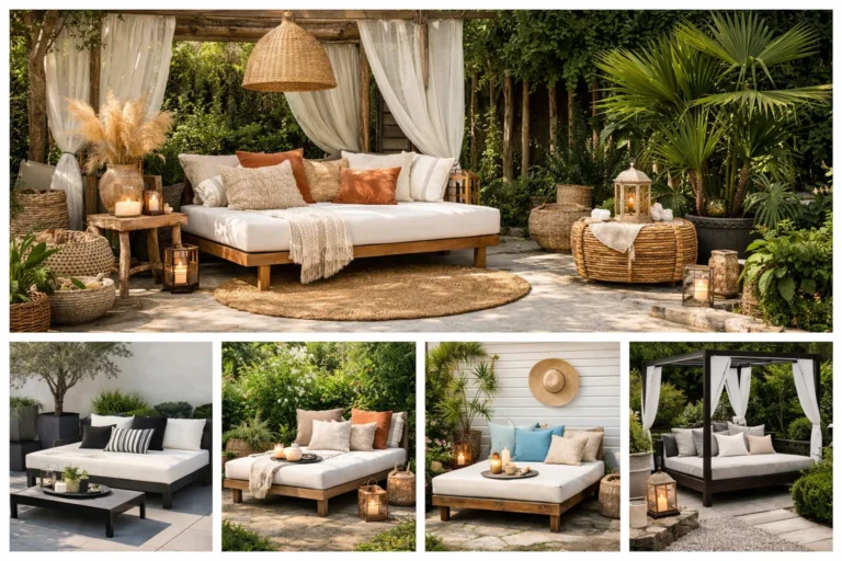 Collage van vijf tuinlooks met daybed in verschillende stijlen.