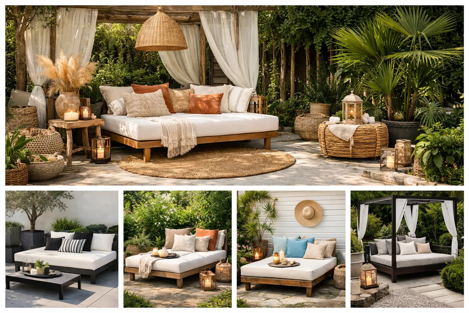 Collage van vijf tuinlooks met daybed in verschillende stijlen.