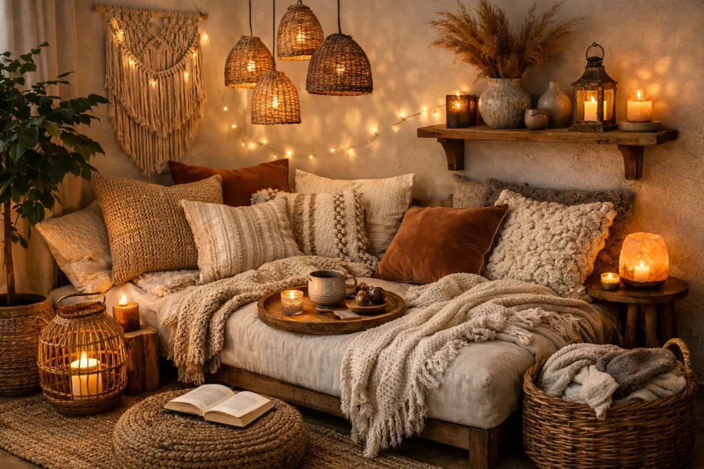 Knusse daybed met warme verlichting, plaids en accessoires