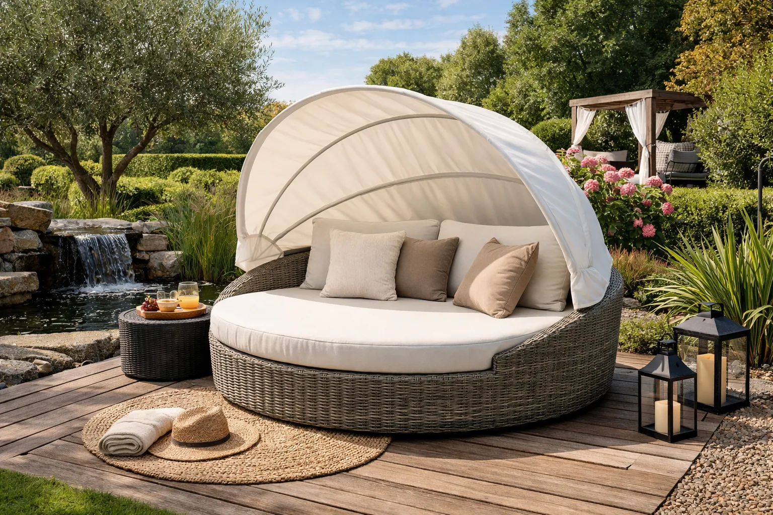 Rond tuin-daybed met kussens en luifel op houten terras