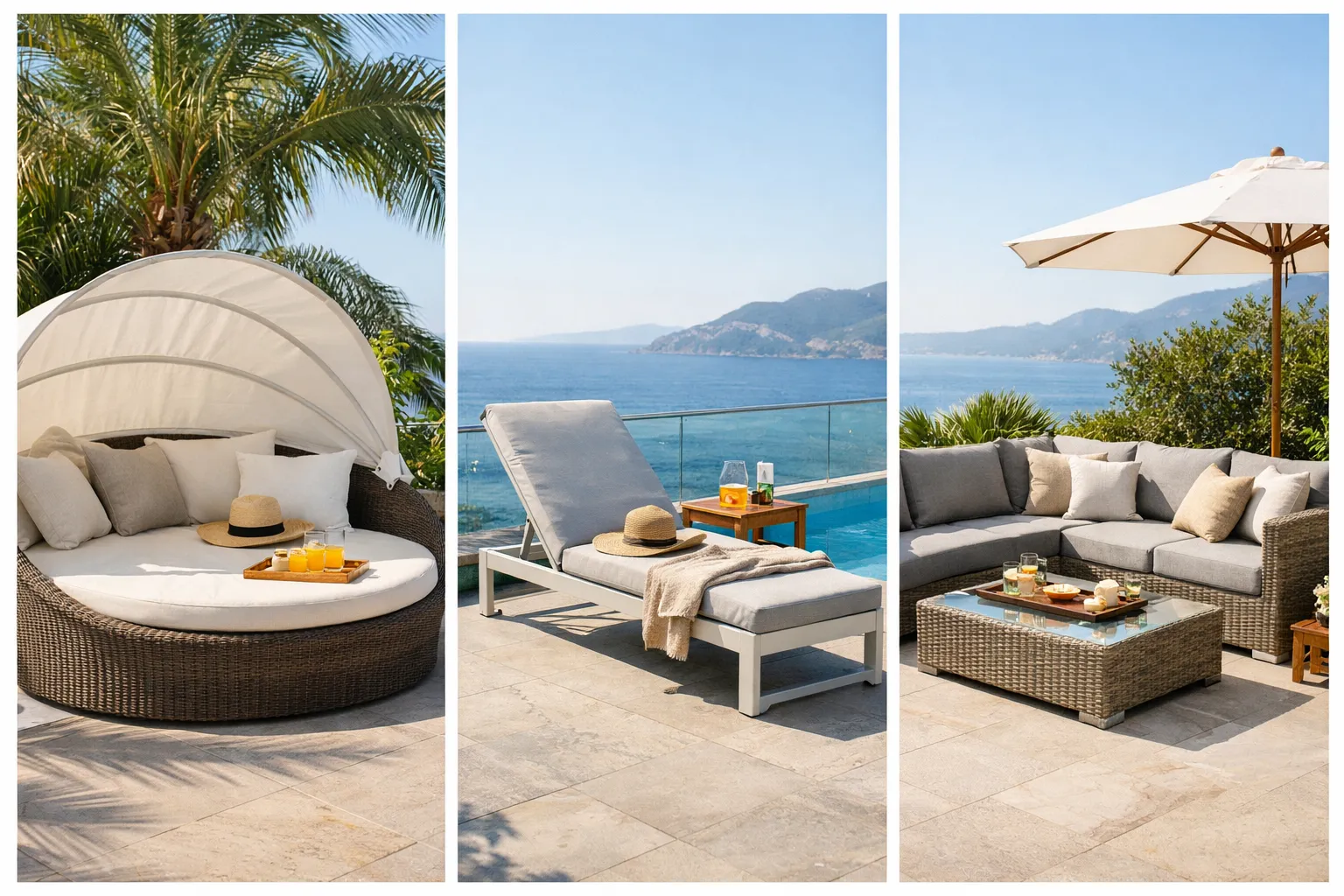 Daybed, ligbed en loungeset op een zonnig terras met zeezicht.