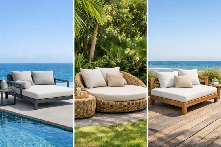 Drie daybeds: aluminium bij zwembad, wicker in tuin, teak op terras