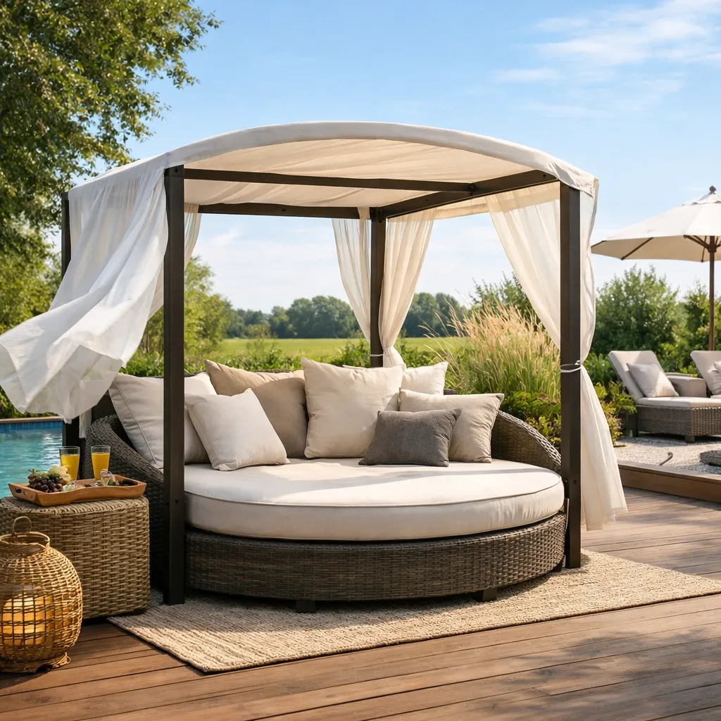 Ronde daybed met luifel op terras bij zwembad