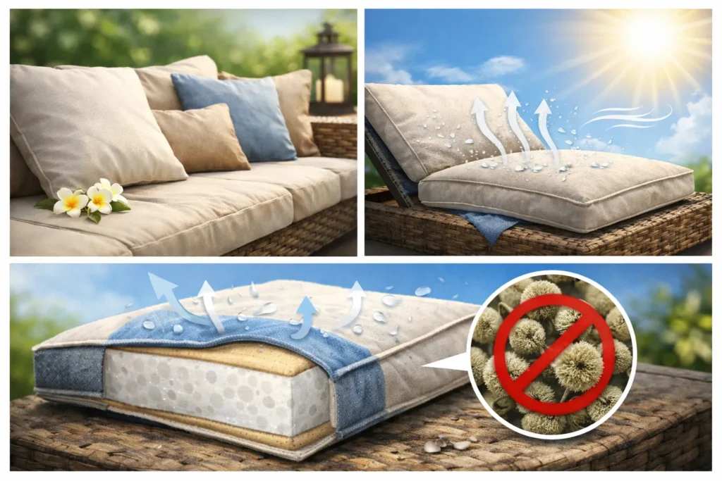 Dikke tuinkussens op bank, drogen in zon en ademende kern tegen schimmel.