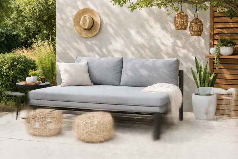 Buitendaybed met lichtgrijze kussens op patio