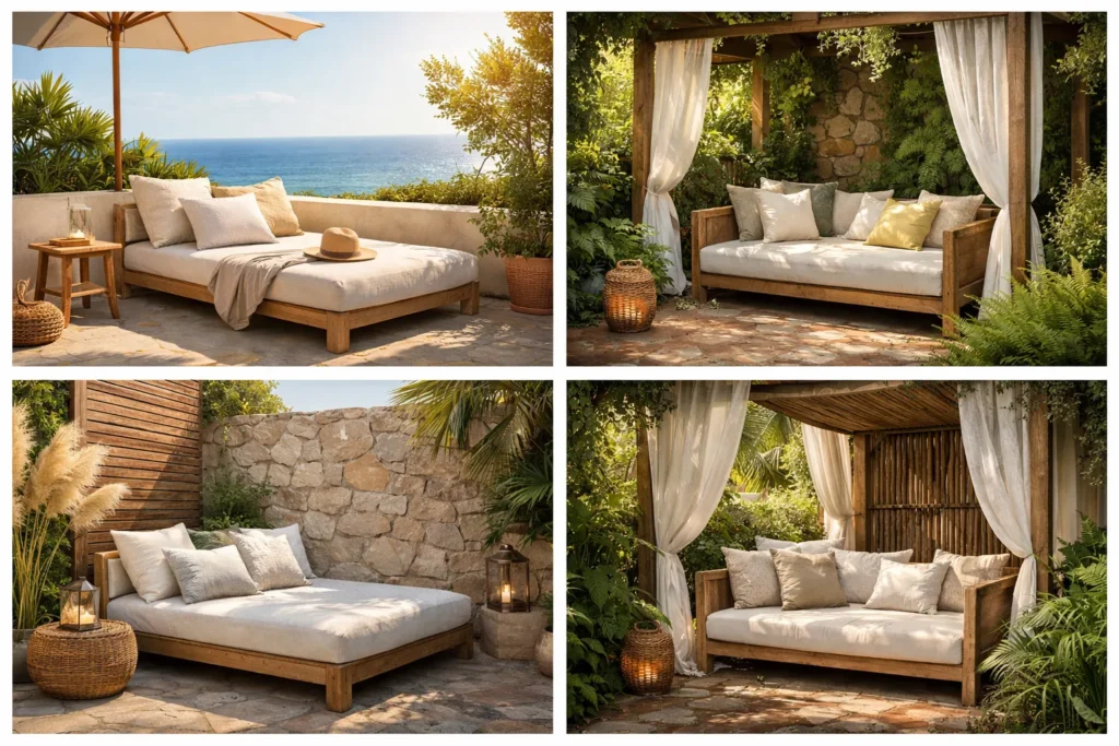 Collage met vier buiten-daybeds: in volle zon, in schaduw, uit de wind en met privacy.