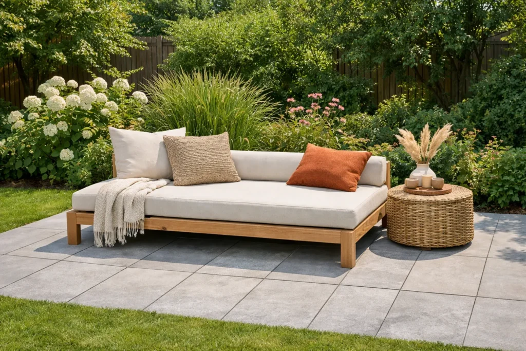Daybed op grijze terrastegels in tuin