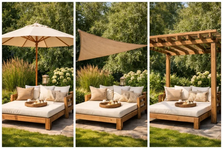 Daybed in de tuin met parasol, schaduwdoek en pergola.
