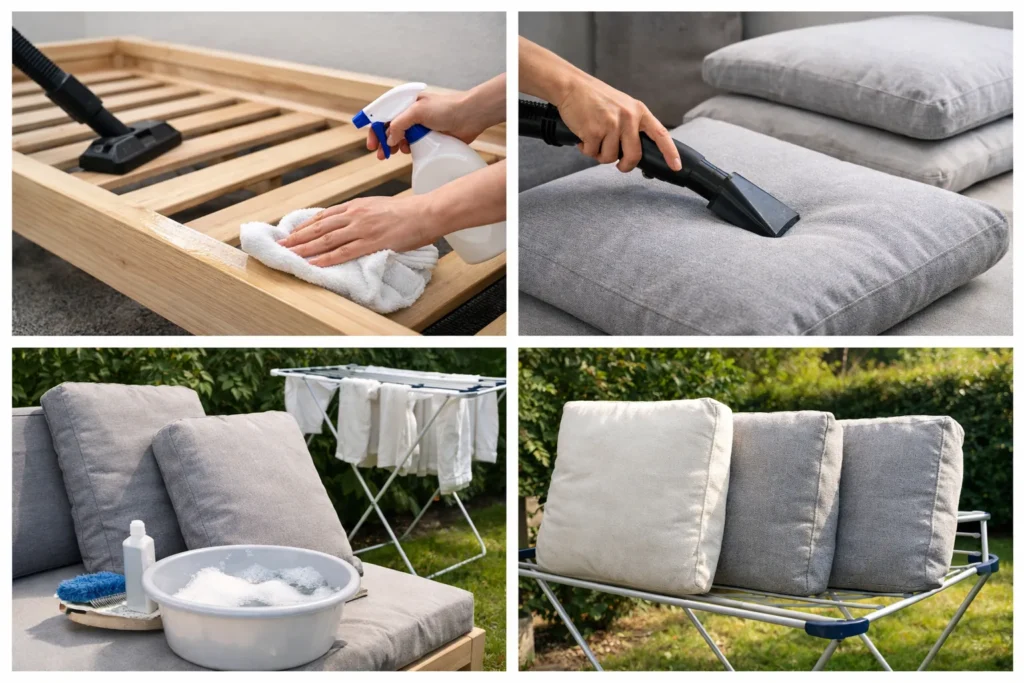 Stappen: frame afnemen en kussens reinigen en laten drogen.