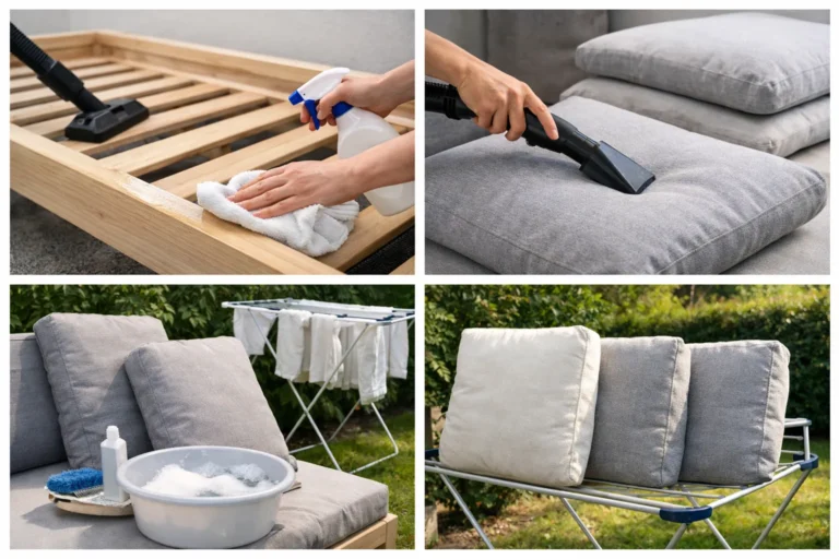 Stappen: frame afnemen en kussens reinigen en laten drogen.